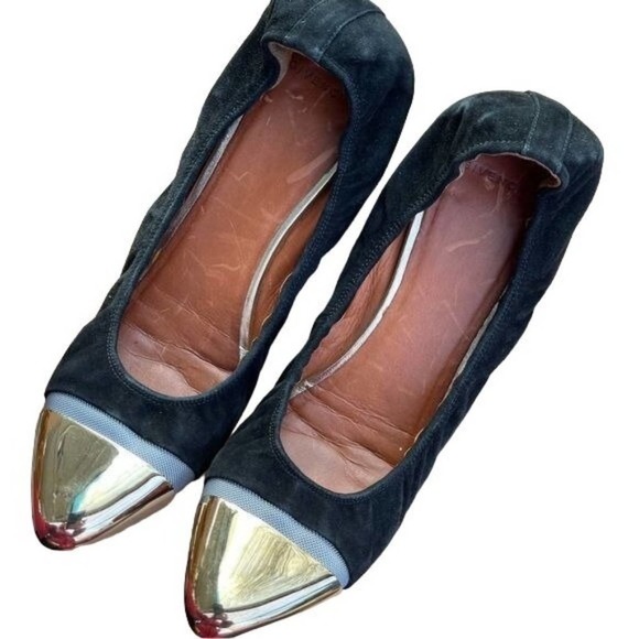 Givenchy Ballet Flats Pointed Cap Toe Gold Slip On Shoes Black Suede Size 40 - Picture 1 of 12